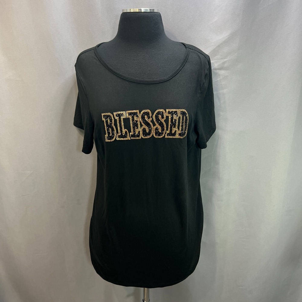 Blessed T Shirt Womens 1X Black Stretch Logo Embossed Curved Hem Casual Wear